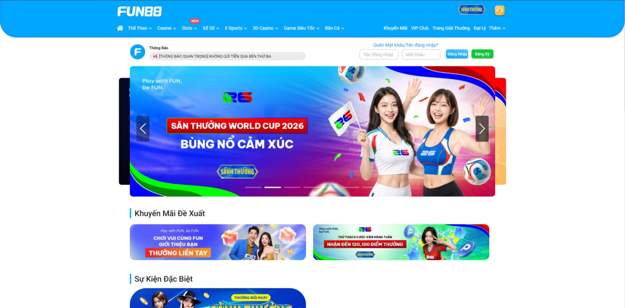 Giao diện website thương hiệu FUN88 Chính chủ